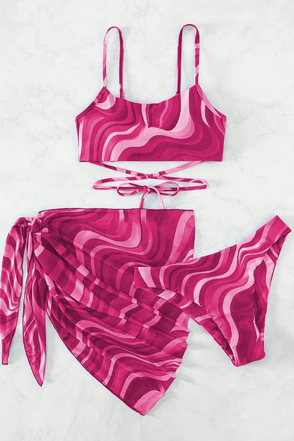 Solid Color Swirl Three Piece Bathing Suit Set