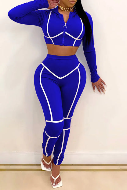 Solid Casual Zipper Two Piece Set